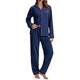 Navisting Womens Fuzzy Fleece Pajama Sets Button Down Sleepwear Long Sleeve Comfy Loungewear with Pockets Warm Pjs Set Navy Blue L