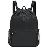 WANDF Drawstring Backpack Sports Gym Bag with Shoes Compartment, Water-Resistant String Backpack Cinch for Women Men (Large,Black)