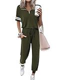 MASCOMODA Womens Two Piece Outfits 2025 Summer Short Sleeve Quarter Zip Pullover Tops Jogging Pants Tracksuit Loungewear Set(Army Green,X-Large)