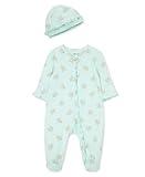 Little Me Baby Girls' 100% Cotton Scratch-Free Tag Footed One-Piece Romper and Hat Sleeper Set, Delicate Floral, 9 Months