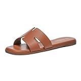 Rihero Women's Dressy Flat Sandals Comfortable Slip On Leather Slide Brown Sandals Size 7.5
