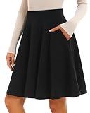 Stelle Women's 20" Knee Length Skirts with Pockets Casual Basic Midi Skirt Stretchy A-Line Skater Flared Pleated(Black,S)