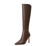 VIUGJNEX Womens Brown Knee High Boots Pointed Toe Stiletto Heel Boots Women Side Zipper Heeled Tall Boots for Women Size 8