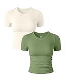 OQQ Womens 2 Piece Shirts Short Sleeve Crew Neck Ruched Stretch Fitted Tee Shirts Crop Tops Pea Green Beige