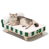 MEWOOFUN Modern Elevated Cat Couch Bed With Nonskid Bottom, Orthopedic Pet Sofa With Removable Washable Cover, Wooden Pet Furniture for Kitty Puppy, Green & White
