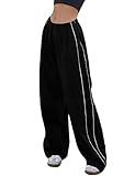 Himosyber Women's Parachute Pants Baggy Elasitc Waist Relaxed Y2K Track Pant Trousers (Black-L)