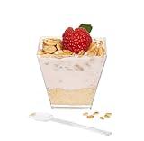 Ilyapa 2oz Plastic Dessert Cups - 50 Pack Mini Dessert Cups with Spoons - Clear Reusable Small Appetizer Cup for Cheesecake Shooters, Chocolate Mousse, Parfait - Party and Catering Supplies - Square