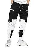 WDIRARA Men's Colorblock Patchwork Streetwear Cargo Pants Active Sporty Pants with Pockets Black and White L