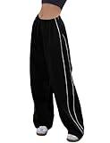 Aedceal Women's Parachute Pants Baggy Track Y2K Black Elastic Waist Wide Leg Trousers(Black-M)