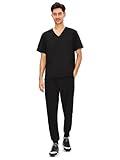 COZYFIT Scrubs for Men - 4 Pockets V-Neck Scrub Top and 7 Pockets Jogger Pants Mens Scrubs Set, Black, M