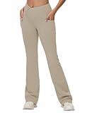 BALEAF Women's Tall Flare Leggings 34" Tummy Control Crossover High Waisted Long Bootcut Yoga Pants with Pockets Work Casual Khaki L