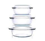 HUSANMP Set of 6 Pieces Round Tempered Glass Casserole Dish with Lids, Glass Casserole Baking Dish Set for Oven, Freezer and Dishwasher Safe - 0.7QT+1QT+1.5QT