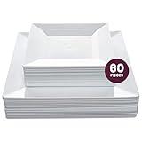 Aya's 60ct White Square Disposable Plates - Heavy Duty Plastic Party Plates for Christmas, Thanksgiving (30 Dinner & 30 Salad)