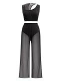 IBAKOM Lyrical Dance Costume for Women Sleeveless Cutout Crop Top Long Sheer Pant with Built-in Pantie Adult Contemporary Dance Outfits Sexy Two Pieces Ballroom Salsa Jazz Set Black L