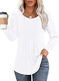 OFEEFAN Womens Long Sleeve Tops Dressy Casual Blouses Fall Fashion Outfits Trendy White Shirts Scooped Neck Pleated XL