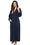 Arus Women's GOTS Certified Organic Cotton Hooded Full Length Turkish Bathrobe, Marine, L