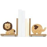 Harloon 2 Pcs Safari Animal Bookends for Kids Wooden Nursery Decor Lion Elephant Animal Bookends Decor for Girl Baby Childrens Bedroom Home Nursery