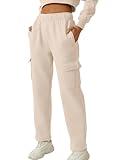 QINSEN Woman's Elastic Waist Long Pants for Casual Wide Leg Bottom Sweatpants Beige S