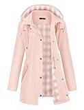 LOMON Women Waterproof Outdoor Hiking Raincoat Women Lined Rain Jacket Lightweight Hooded Jackets Trench Coats Pink XL(Big Plaid Lining)