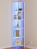 Furnulem 6 Tier Corner Shelf with LED Light, 67.5” Tall Standing Shelf Organizer, White Narrow Bookshelf with Storage Rack for Wall Corner, Living Room, Bedroom, Metal Frame, Wood Display Shelf