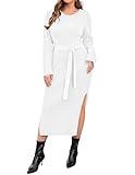 IN'VOLAND Plus Size Womens Elegant Long Sleeve Long Dress Crewneck Tie Waist Knit Cocktail Dress White