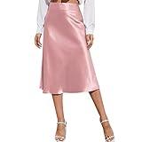 Womens High Waist Midi Skirt Solid Satin Dress Zipper Elegant Summer Skirts Womens Long Skirts Large (L) Pink