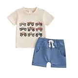 Toddler Baby Boy Summer Clothes Monster Trucks Print Short Sleeve T-shirt Top Elastic Waist Shorts Set Cute Summer Outfit 2Pcs (A-Beige Blue,18-24 Months)