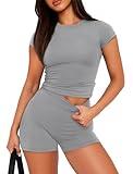 SAMPEEL Workout Sets for Women 2 Piece Summer Fitted Biker Shorts Set Yoga Outfits Grey M