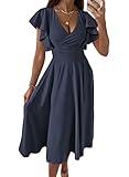 Dokotoo Women's Formal Dresses Midi V Neck Floral Fashion 2024 Evening Party Wedding Guest Dress Navy Blue L