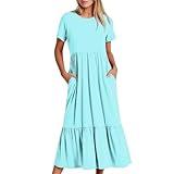 Prime Try Before You Buy Women Women's Summer Casual Short Sleeve Crewneck Long Dress Solid Flowy Tiered Maxi Beach Dress with Pockets Boho Dresses for Women 2024 Sky Blue XL