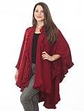 Fennco Styles Women's Ruffle Trim Knit Open Front Poncho Cape Shawl - Fall Wrap Jacket, Cozy and Stylish Layering Piece, Multiple Colors (Crimson Red)