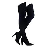 Shoe'N Tale Women Stretch Suede Chunky Heel Over The Knee Boots Thigh High for Women (8,Suede Black)