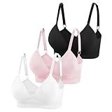 Eleplus 3 Pieces Deep V Wireless Bras for Women Seamless Comfy Bralettes Lightly Lined Multicolors Pack (Black+White+Pink,Medium)