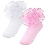 Pistha 2 Pack Girls Ruffle Lace Socks Novelty Pearls Frilly Dress Fancy Ruffled Socks for Toddler Little Girls,White Pink,1-3t
