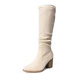 DREAM PAIRS Knee High Boots Women, Comfortable Chunky Block Heel Pointed Toe Pull On Side Zipper Suede Slouch Riding Boots, Beige, Size 8, Sdkb2308w