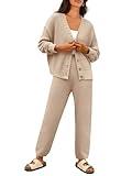 LILLUSORY Womens 2 Two Piece Lounge Sets Sweater Matching Loungewear 2024 Fall Winter Fashion Trendy Cozy Comfy Knit Cardigan Pant Wear Clothing Airport Outfits Travel Clothes Beige M