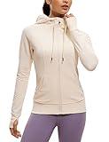 CRZ YOGA Women's Full Zip Hooded Sweatshirts Workout Sweat Jackets Slim Fit Running Track Hoodies with Thumbholes White Apricot Medium