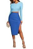 Pink Queen Women's 2 Piece Skirt Sets Fall Brunch Matching Outfits Long Sleeve Crop Top Bodycon Split Knit Midi Winter Dress 2025 Light Blue & Blue M