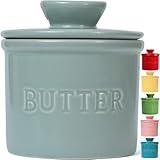 PriorityChef French Butter Crock with Lid, Get on Demand Spreadable Butter, Ceramic Butter Keeper to Leave on Counter with Water Line, Light Grey