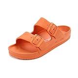 VICT POPU Womens Sandals Adjustable Double Buckle Strap Waterproof EVA Flat Slides ORANGE 10