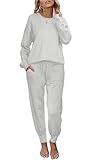 Ekouaer Women's 2 Piece Lounge Set Long Sleeve Knit Pajamas Sweatsuit Jogger Pant Outfits With Pockets,Grey,Small