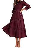 BTFBM Women Casual Long Sleeve Dress Fall Dresses 2024 Solid Color Relaxed Fit Smocked Tiered Flowy Boho Long Dresses(Solid Wine Red,Large)