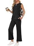 ANRABESS Women's 2 Piece Sets Summer Travel Airplane Outfits Sleeveless Wide Leg Casual Lounge Matching Sweat Set Sweatsuits Black Large