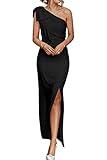 PRETTYGARDEN Women's Summer One Shoulder Long Formal Dresses Sleeveless Ruched Bodycon Wedding Guest Slit Maxi Dress (Black,Medium)