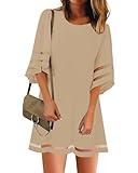 LookbookStore Women Casual Crewneck Mesh Panel 3/4 Bell Sleeve Beige Loose Tunic Dress Size Medium Size 8 10