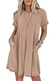 PRETTYGARDEN Women's Summer Casual T Shirt Dresses 2024 Short Sleeve Crew Neck Swing Dress with Pockets Short Dress (Khaki, Large)