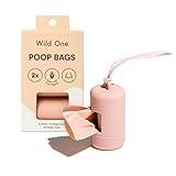 Wild One Dog Poop Bag Holder and Dispenser with Leash Attachment, Leak Proof, Easy Twist Top for Refills, Includes 1 Box Poop Bags, Blush