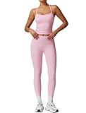 Womens Workout Sets Two Piece Seamless Stretch Cross Back Tank Top Matching Tummy Control High Waist Leggings Set 2 Piece For Women Gym Yoga Active Wear Outfits Athletic Work Out Clothes Pink M