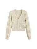 CIDER Cardigan Sweater for Women Button Down V Neck Long Sleeve Cable Knit Open Front Crop Top Outerwear: White, S