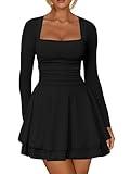 Kaximil Women's Square Neck Ruffle Hem Mini Dress Ruched Waist Long Sleeve Corset Short Party Dresses, Large, Black